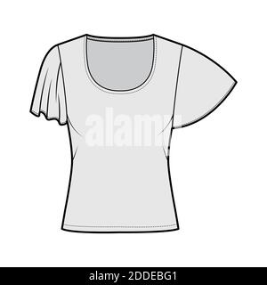 Shirt mit kurzen Kreisärmeln technische Mode-Illustration mit Relax-Passform, unter Taille Länge, Rundhals-Ausschnitt. Flatwear Bluse Schablone vorne, grau. Frauen Männer Unisex Hemd CAD mockup Stock Vektor