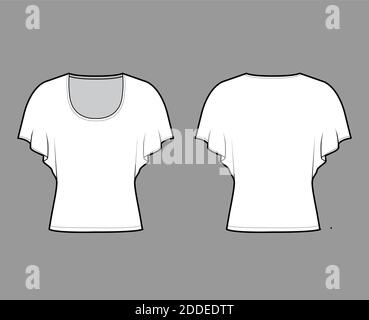 Shirt mit mittleren Fledermausärmeln technische Mode-Illustration mit Relax-Passform, unter Taille Länge, Rundhals-Ausschnitt. Flatwear Bluse Vorlage vorne, hinten weiß Farbe. Frauen Männer Unisex Shirt mockup Stock Vektor