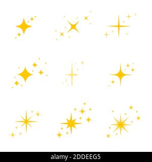 Goldene, gelbe Sterne funkeln und funkeln Ikonen. Heller Blitz, Blendle Licht, leuchtende Leuchteffekte eingestellt. Vektorgrafik. Stock Vektor