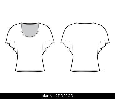 Shirt mit mittleren Fledermausärmeln technische Mode-Illustration mit Relax-Passform, unter Taille Länge, Rundhals-Ausschnitt. Flatwear Bluse Vorlage vorne, hinten weiß Farbe. Frauen Männer Unisex Shirt mockup Stock Vektor