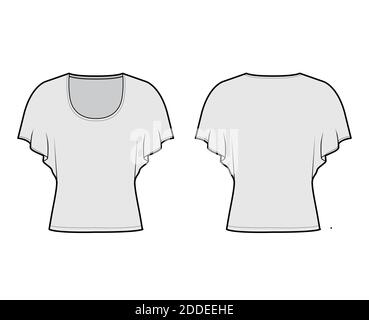 Shirt mit mittleren Fledermausärmeln technische Mode-Illustration mit Relax-Passform, unter Taille Länge, Rundhals-Ausschnitt. Flatwear Bluse Vorlage vorne hinten grau Farbe. Frauen Männer Unisex Hemd CAD mockup Stock Vektor