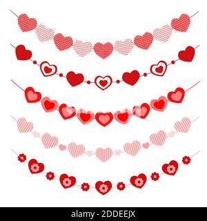 Set von Herzen Girlanden. Bunting für Valentinstag Party, Hochzeit, romantische Datum. Dekorationen mit herzförmigen Fahnen für Banner, Grußkarten und Einladungen. Vektorgrafik. Stock Vektor