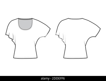 Shirt mit mittleren Fledermausärmeln technische Mode-Illustration mit Relax-Passform, unter Taille Länge, Rundhals-Ausschnitt. Flatwear Bluse Vorlage vorne, hinten weiß Farbe. Frauen Männer Unisex CAD mockup Stock Vektor