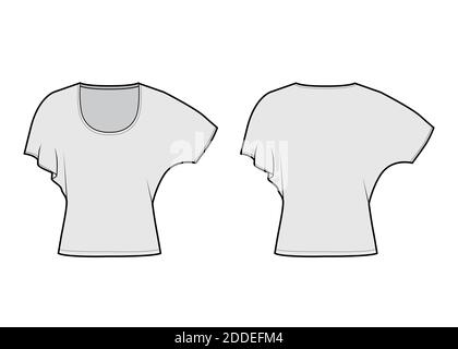 Shirt mit mittleren Fledermausärmeln technische Mode-Illustration mit Relax-Passform, unter Taille Länge, Rundhals-Ausschnitt. Flatwear Bluse Vorlage vorne hinten grau Farbe. Frauen Männer Unisex Hemd CAD mockup Stock Vektor