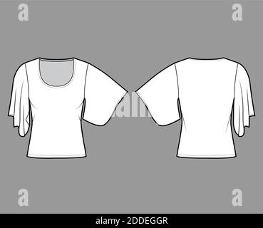 Shirt mit Ellbogen Kimono Ärmel technische Mode Illustration mit Relax-Passform, unter Taille Länge, Rundhals-Ausschnitt. Flatwear Bluse Vorlage vorne, hinten weiß Farbe. Frauen Männer Unisex Hemd CAD mockup Stock Vektor