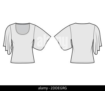 Shirt mit Ellbogen Kimono Ärmel technische Mode Illustration mit Relax-Passform, unter Taille Länge, Rundhals-Ausschnitt. Flatwear Bluse Vorlage vorne, hinten grau Farbe. Frauen Männer Unisex Hemd CAD mockup Stock Vektor