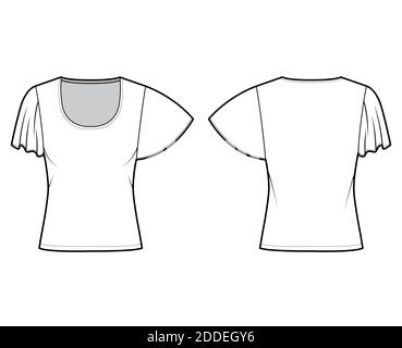 Shirt mit kurzen Kreisärmeln technische Mode-Illustration mit Relax-Passform, unter Taille Länge, Rundhals-Ausschnitt. Flatwear Bluse Vorlage vorne, hinten weiß Farbe. Frauen Männer Unisex Hemd CAD mockup Stock Vektor