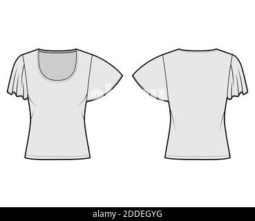 Shirt mit kurzen Kreisärmeln technische Mode-Illustration mit Relax-Passform, unter Taille Länge, Rundhals-Ausschnitt. Flatwear Bluse Vorlage vorne, hinten grau Farbe. Frauen Männer Unisex Hemd CAD mockup Stock Vektor