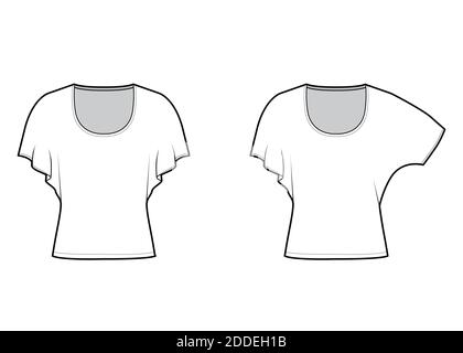 Set von Tops mit Medium Fledermaus Ärmel technische Mode Illustration mit Relax-Passform, unter Taille Länge, Rundhals-Ausschnitt. Flatwear Bluse Vorlage vorne weiß Farbe. Frauen Männer Unisex CAD mockup Stock Vektor