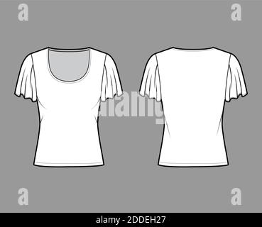 Shirt mit kurzen Kreisärmeln technische Mode-Illustration mit Relax-Passform, unter Taille Länge, Rundhals-Ausschnitt. Flatwear Bluse Vorlage vorne, hinten weiß Farbe. Frauen Männer Unisex Hemd CAD mockup Stock Vektor