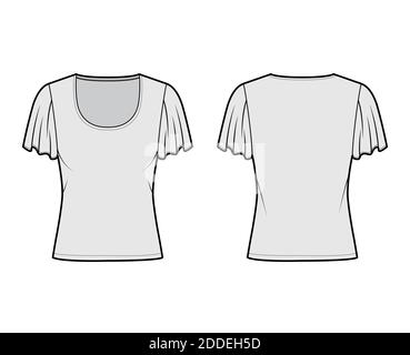 Shirt mit kurzen Kreisärmeln technische Mode-Illustration mit Relax-Passform, unter Taille Länge, Rundhals-Ausschnitt. Flatwear Bluse Vorlage vorne, hinten grau Farbe. Frauen Männer Unisex Hemd CAD mockup Stock Vektor