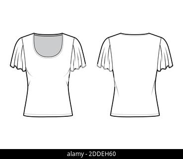 Shirt mit kurzen Kreisärmeln technische Mode-Illustration mit Relax-Passform, unter Taille Länge, Rundhals-Ausschnitt. Flatwear Bluse Vorlage vorne, hinten weiß Farbe. Frauen Männer Unisex Hemd CAD mockup Stock Vektor