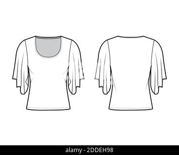 Shirt mit Ellbogen Kimono Ärmel technische Mode Illustration mit Relax-Passform, unter Taille Länge, Rundhals-Ausschnitt. Flatwear Bluse Vorlage vorne, hinten weiß Farbe. Frauen Männer Unisex Hemd CAD mockup Stock Vektor