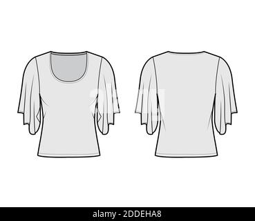 Shirt mit Ellbogen Kimono Ärmel technische Mode Illustration mit Relax-Passform, unter Taille Länge, Rundhals-Ausschnitt. Flatwear Bluse Vorlage vorne, hinten grau Farbe. Frauen Männer Unisex Hemd CAD mockup Stock Vektor