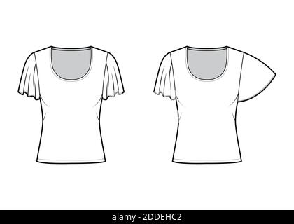 Set von Top mit kurzen Kreisärmeln technische Mode Illustration mit Relax-Passform, unter Taille Länge, Rundhals-Ausschnitt. Flatbluse Schablone vorne, weiß. Frauen Männer Unisex Hemd CAD mockup Stock Vektor