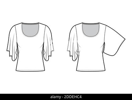 Set von Top mit Ellbogen Kimono Ärmel technische Mode Illustration mit Relax-Passform, unter Taille Länge, Rundhals-Ausschnitt. Flatbluse Schablone vorne, weiß. Frauen Männer Unisex Hemd CAD mockup Stock Vektor