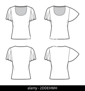 Set von Top mit kurzen Kreisärmeln technische Mode Illustration mit Relax-Passform, unter Taille Länge, Rundhals-Ausschnitt. Flatbluse Vorlage vorne, hinten weiß Farbe. Frauen Männer Unisex Hemd CAD mockup Stock Vektor