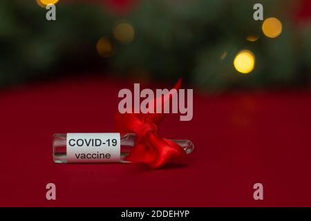 Eine Ampulle des COVID-19 Coronavirus-Impfstoffs liegt als Geschenk in der Nähe eines Weihnachtsbaum Zweig mit Lichtern auf einem Roter Hintergrund Stockfoto