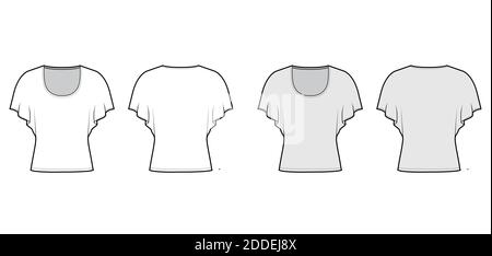 Shirt mit mittleren Fledermausärmeln technische Mode-Illustration mit Relax-Passform, unter Taille Länge, Rundhals-Ausschnitt. Flatwear Bluse Vorlage vorne, hinten weiß grau Farbe. Damen Herren Hemd CAD mockup Stock Vektor