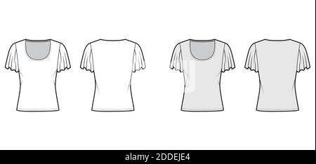 Shirt mit kurzen Kreisärmeln technische Mode-Illustration mit Relax-Passform, unter Taille Länge, Rundhals-Ausschnitt. Flatwear Bluse Vorlage vorne, hinten weiß grau Farbe. Damen Herren Hemd CAD mockup Stock Vektor