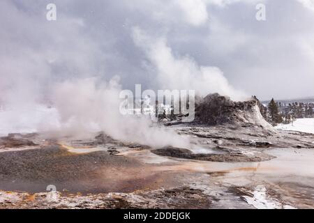 Castle Geyser und Tortoiseshell Frühlingsdampf an einem kalten Wintertag im Yellowstone National Park, Wyoming, USA. Stockfoto