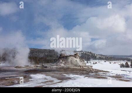 Castle Geyser und Tortoiseshell Frühlingsdampf an einem kalten Wintertag im Yellowstone National Park, Wyoming, USA. Stockfoto