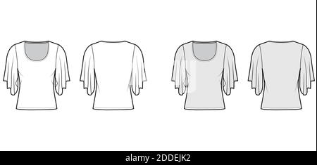 Shirt mit Ellbogen Kimono Ärmel technische Mode Illustration mit Relax-Passform, unter Taille Länge, Rundhals-Ausschnitt. Flatbluse Vorlage vorne, hinten weiß grau Farbe. Frauen Männer Unisex Hemd CAD mockup Stock Vektor