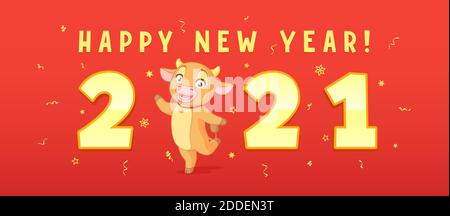 Cute Cartoon Ochse Gruß mit 2021 Neujahr. Vektor horizontales Banner auf rotem Hintergrund. Stock Vektor