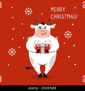 Gruß Weihnachtskarte, Stier mit Geschenk, Schneeflocke. Neujahr Symbol Cartoon Kuh, Büffel oder Kalb. Frohe Weihnachten und Frohes neues Jahr. Handgezeichneter Tier Charakter Urlaub Vektor Stock Vektor