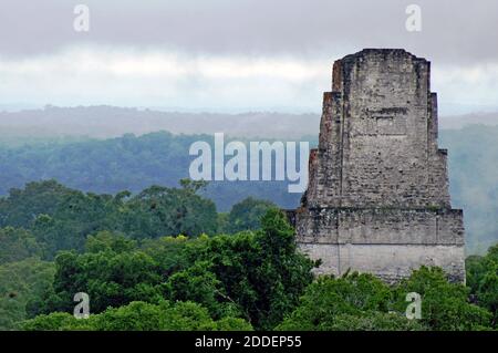 Eine alte Maya-Pyramide direkt aus dem tropischen Regenwald Guatemalas im Tikal Nationalpark. Die Heimat der präkolumbianischen Mayagemeinden wurde Ende des 10. Jahrhunderts aufgegeben und 1848 wiederentdeckt. Einst die Heimat einer großen Maya-Zivilisation, übernahm der Wald Überwuchs und Archäologen sind immer noch die Entlarvung dieses alten Königreichs. Am bemerkenswertesten sind die riesigen Maya-Pyramiden, die zu einer wichtigen Touristenattraktion in Guatemala werden. Stockfoto