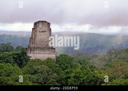 Ein nebliger tropischer Regenwald scheint die Spitze einer Maya-Pyramide zu verschlingen, die aus der Baumgrenze herausragt. Als Teil des Tikal Nationalparks ist die Pyramide eine von vielen, die in ganz Tikal in Guatemala gefunden werden. Einst beherbergte das Gebiet eine lebendige präkolumbianische Maya-Gemeinde in El Peten, die Teil der Guatemala Archäologischen Region ist. Guatemalas Tikal-Nationalpark ist voll von Wahrzeichen, die übrig geblieben sind, als die Stadt im 10. Jahrhundert verlassen wurde. Die alten Maya-Kulturstätten wurden im Jahr 1848 entdeckt und ist immer noch eine aktive archäologische Zone neben einem beliebten Touristenziel. Stockfoto