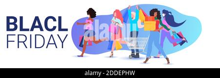 Mix Rennen Frauen halten Einkaufstaschen schwarz freitag großen Verkauf Promotion Rabatt Konzept volle Länge horizontale Vektor-Illustration Stock Vektor