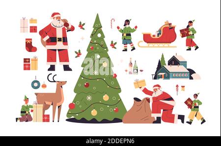 Neue Jahr Elemente setzen fröhliche weihnachtsfeiertage Feier Konzept anders Icons Sammlung volle Länge horizontale Vektor-Illustration Stock Vektor