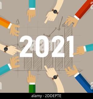 Die Menschen zeigen gemeinsam auf das Zieldiagramm, das im Jahr 2021 ansteigen wird Jahr der Teamarbeit Stock Vektor