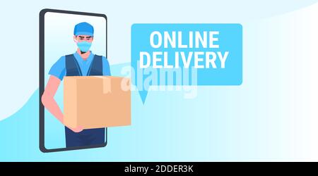 Mann Kurier in Maske hält Karton schwarz freitag Verkauf express-Lieferung Online-Service-Konzept Porträt horizontale Vektor-Illustration Stock Vektor