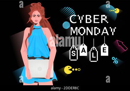 Mädchen hält Laptop Cyber montag online Verkauf Poster Werbeflyer Holiday Shopping Promotion 8-Bit Pixel Art Stil Banner horizontalen Vektor Abbildung Stock Vektor