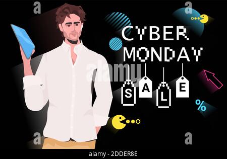 Guy mit Tablet pc Cyber monday Online-Verkauf Poster Werbung Flyer Urlaub Shopping Promotion 8-Bit Pixel Art Stil Banner horizontal vektorgrafik Stock Vektor