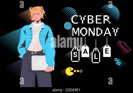 Mädchen hält Laptop Cyber montag online Verkauf Poster Werbeflyer Holiday Shopping Promotion 8-Bit Pixel Art Stil Banner horizontalen Vektor Abbildung Stock Vektor
