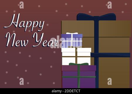 Vektor Bunte Neujahr Geschenk-Boxen und Geschenke mit Schnee und Bändern. Weihnachten und Neujahr Feiertage Hintergründe und Karten Stock Vektor