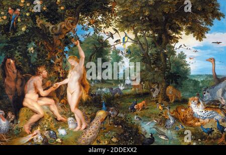 Der Garten Eden mit dem Sündenfall - Peter Paul Rubens und Jan Brueghel der Ältere - Figuren von Rubens, Landschaft und Tiere von Brueghel - um 1615 Stockfoto