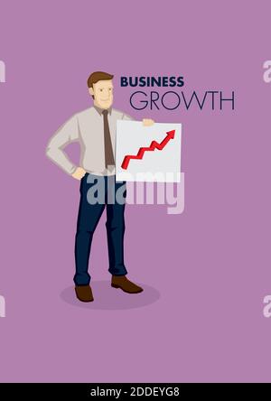 Cartoon Geschäftsmann hält ein Geschäft Wachstumskarte. Vektor-Illustration auf Business Growth Konzept isoliert auf violettem Hintergrund. Stock Vektor