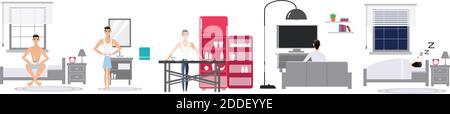 vektor Cartoon Stil Tag des Mannes Routine. Haus Innenraum Bad, Küche, Wohnzimmer. Stock Vektor