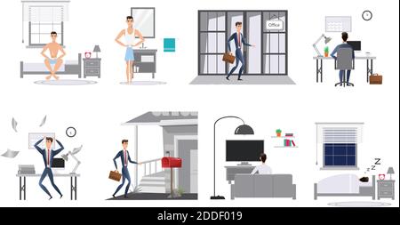 vektor Cartoon Stil Tag des Mannes Routine. Haus Innenraum Bad, Küche, Wohnzimmer. Stock Vektor
