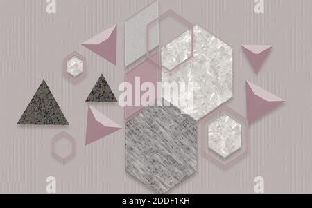 3d-Illustration, grauer Hintergrund, Rauten, Dreiecke und Sechsecke von rosa und grau Stockfoto