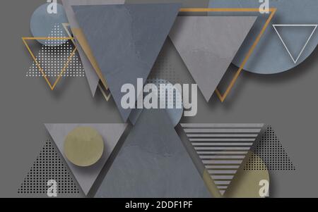 3d-Illustration, grauer Hintergrund, Dreiecke und Kreise verschiedener Texturen und Farben Stockfoto