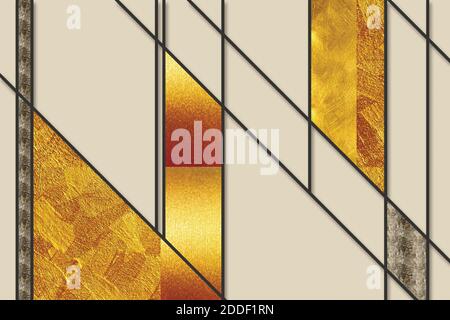 Abstraktes beigefarbenes Muster mit schwarzen Linien und goldenem Glas Stockfoto