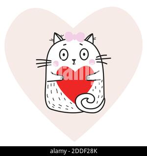 Nette lustige weiße Katze Mädchen mit einem roten Herz in ihren Pfoten auf dem Hintergrund eines rosa Herzen. Vektorgrafik. Für Design, Dekoration, Valentinstag Stock Vektor