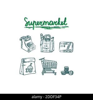 Supermarkt Symbole mit Register, Trolley, Öko-Tasche und Kreditkarte. Ikonen der Einkaufsmöglichkeiten und Supermarkt Essentials. Doodle Vektorgrafik Stock Vektor