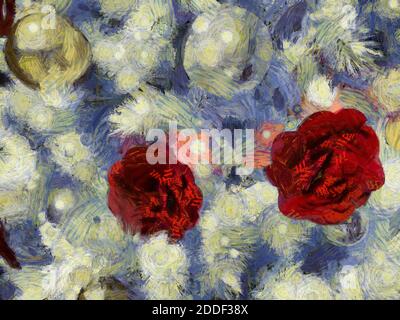 Weißer weihnachtsbaum und goldene und silberne dekorative Kugeln rote Blumen Illustrationen schafft einen impressionistischen Stil der Malerei. Stockfoto