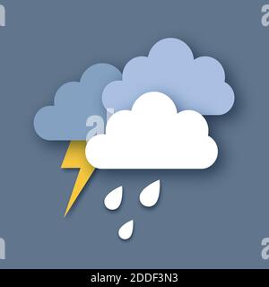 Regenwolken und Blitzschlag. Papier geschnitten Wetter. Sturmzeit. Regentropfen und Donner. Vektor. Stock Vektor